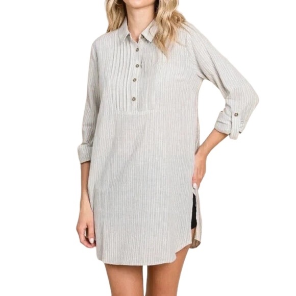 Artisan NY 100% Linen tunic top size small Long sleeve pintuck striped tan white - Picture 1 of 9